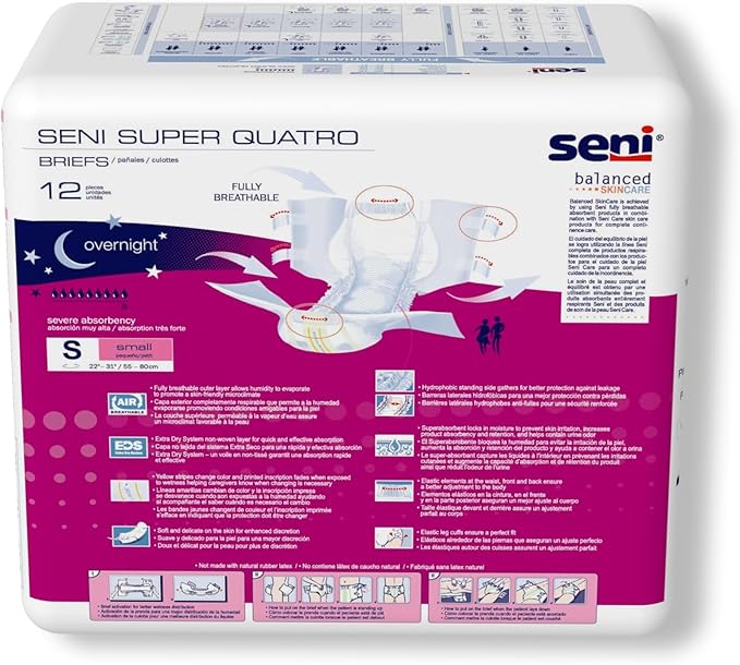 Seni Super Quatro Unisex Adult Incontinence Briefs with Tabs Size Small (22-31) 12 Count (1 Pack of 12) Severe Absorbency Disposable Overnight Briefs for Men &amp Women