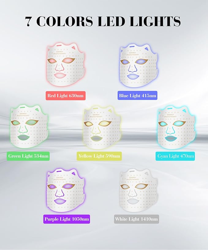 Red Light Mask for Face 7-1 Colors Facial Care Mask 850nm Infrared &amp Red Light Masks Ergonomic Design for Home &amp Travel White