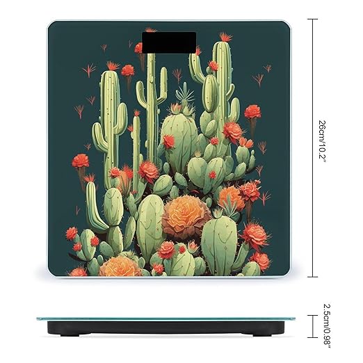 Cactus Art Scale for Body Weight Anti-Slip Tempered Glass Digital Bathroom Scales Clear LCD Display Weighing Scale Safe Rounded Corners Smart Scales