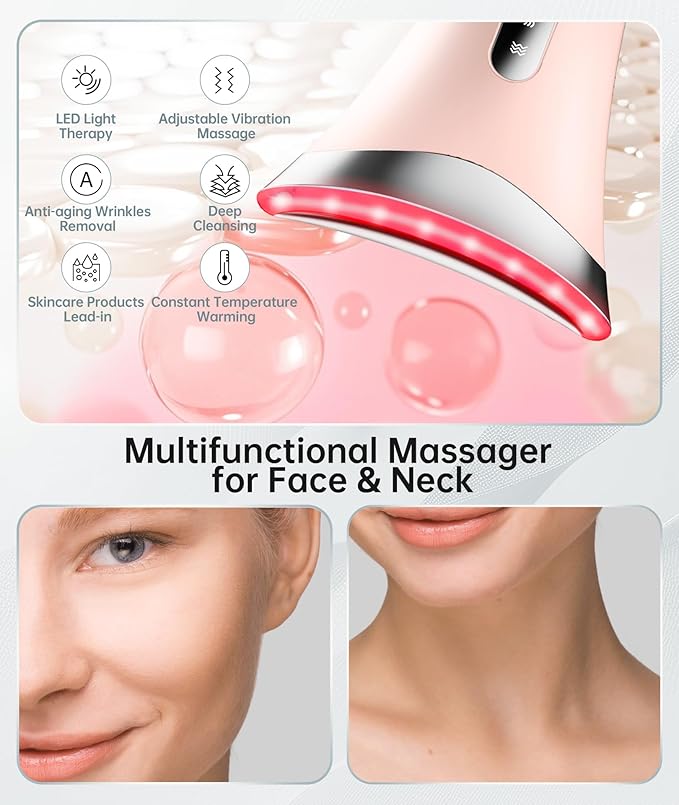 7 Color Light Therapy Facial Massager with Adjustable Vibration and Thermals for Wrinkles Double Chin Red Light Skin Care Tool with Base Pink
