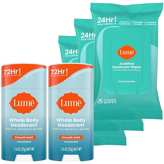 Lume Whole Body Deodorant - 2-Pack Smooth Solid Stick (Unscented) and Acidified Deodorant Wipes (Cool Cucumber) - Aluminum Free Baking Soda Free and Skin Safe