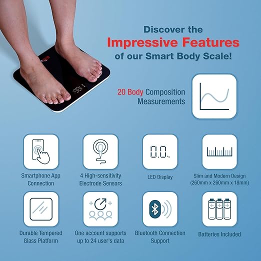 Smart Scale for Body Weight &amp Body Fat with Bluetooth App + Digital Body Measuring Tape – Body Composition Analyzer BMI Muscle Mass Bathroom Weight Scale for Fitness Tracking