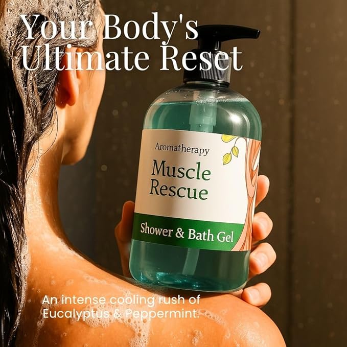 Nature Skin Shop Muscle Rescue Shower &amp Bath Gel - 16.5 Ounces - Cooling Aromatherapy Body Wash with Eucalyptus Peppermint &amp Menthol for a Revitalizing Post-Workout Cleanse