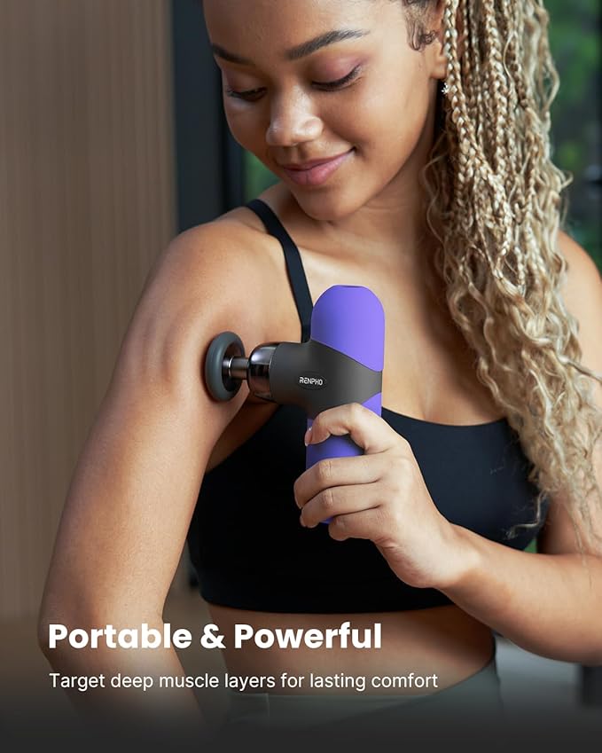RENPHO Mini Thermal Massage Gun with Heat Portable Deep Tissue Percussion Massager with 4 Heads for Neck &amp Back Comfort Ultra-Quiet Operation for Home Office &amp Travel Includes Compact Carr