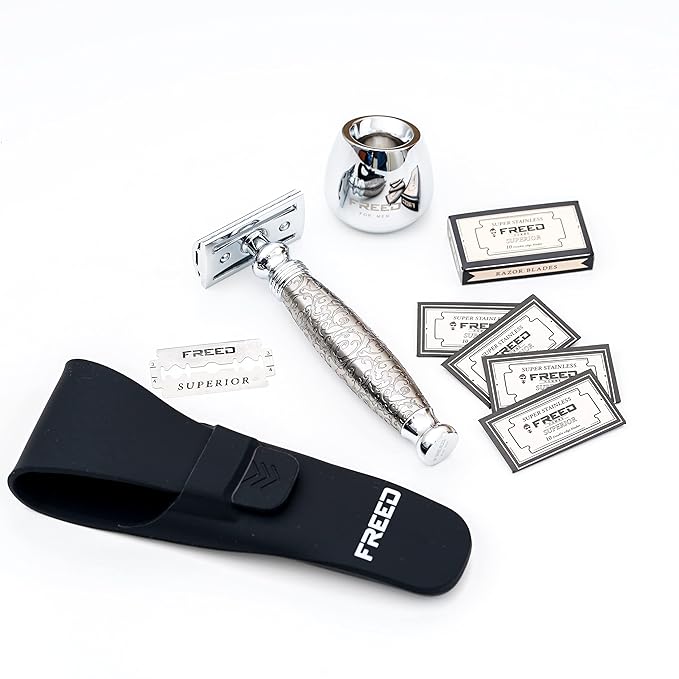 FREED Shaving Kit for Men - Safety Razor with alloy handle and 10 Japanese 6cr13 Stainless Steel include razor base razor travel case christmas gifts for MenMade in Taiwan