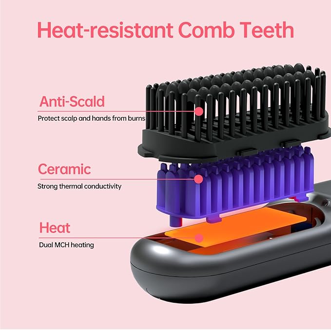 Cordless Hair Straightener Brush-Portable Straightening Comb 9600mAh Batt Plasma Tech 9 Temp-Settings &amp LED Display for Travel &amp Home (Metallic Grey)