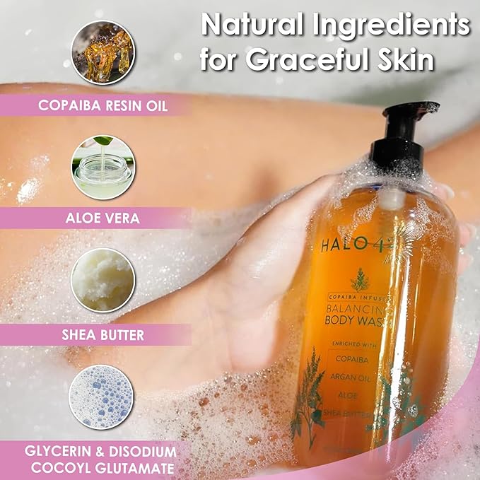 Body Wash – Organic &amp Natural Copaiba Infused Shower Gel Cleanser Hydrating Skin Cleanser with Aloe Vera Argan Oil and Shea Butter – Soothing &amp Refreshing Formula for All Skin Types – 16 oz