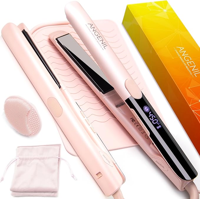 ANGENIL Pro Round Pink Dual Voltage Hair Straightener Irons Titanium Flat Iron Hair Straightener and Curler 2 in 1 with Heat Resistant Silicone Mat Smoothness Large LCD Display 20S Fast Heat Up
