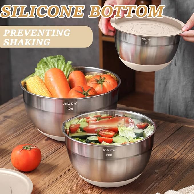 Mixing Bowls with Airtight Lids Set 26PCS Stainless Steel Khaki Bowls with Grater Attachments Non-Slip Bottoms &amp Kitchen Gadgets Set Size 7 4 2.5 2.01.5 1QT Great for Mixing &amp Serving