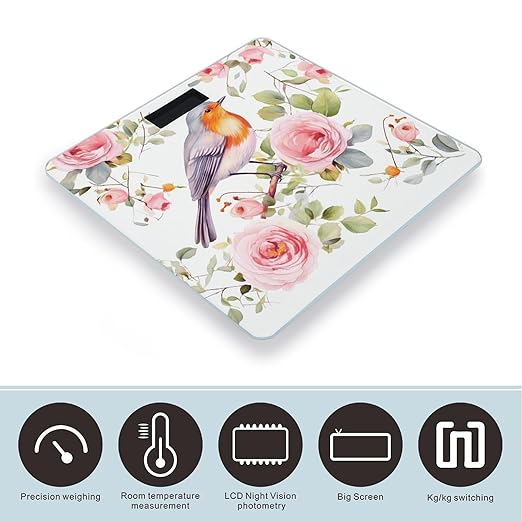 Digital Bathroom Scale for Body Weight Scale with Bright LCD Display High Accuracy Step-On Technology Auto On/Off Floral Print Watercolor Robin Bird Digital Scales 400 Lbs /180kg