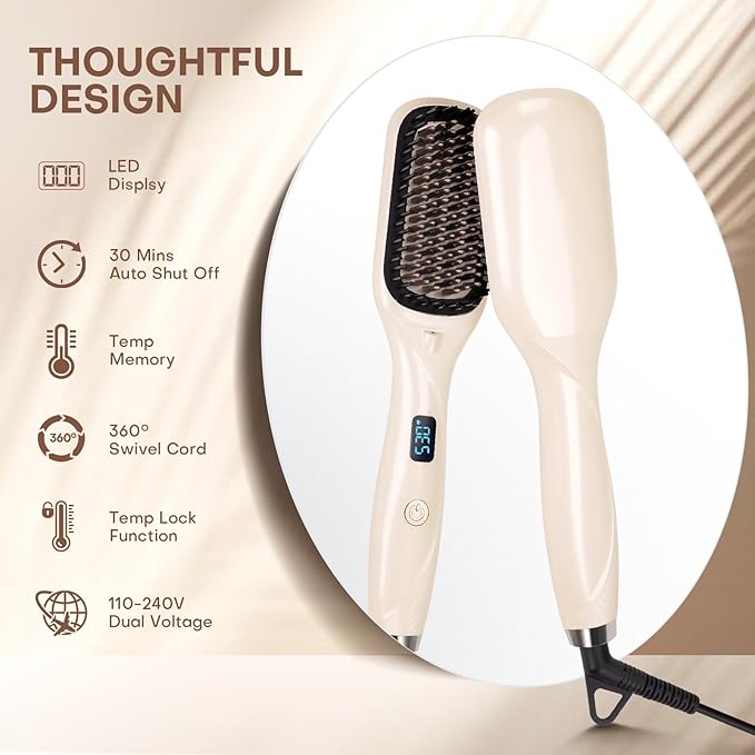Hair Straightener Brush- Hair straighteners for Women Ceramic Ionic Straightener Comb with Less Frizz | 20s Fast Heating | 2 in 1 Flat Iron Brush Dual Voltage Travel Champagne