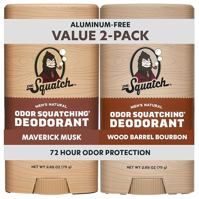 Dr. Squatch Natural Men’s Deodorant – Aluminum Free Natural Deodorant Men with Charcoal &amp Postbiotics for 72-Hour Odor Protection – Maverick Musk + Wood Barrel Bourbon 2.65oz Stick (2-Pack)