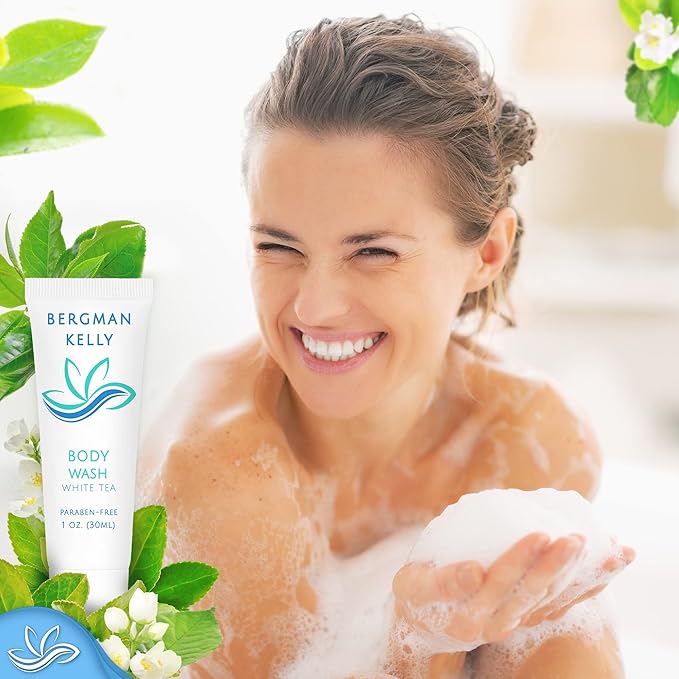 BERGMAN KELLY Travel Size Body Wash (1 fl oz 50 PK White Tea) Delight Your Guests with a Revitalizing and Refreshing Hotel Body Wash Quality Mini and Small Size Guest Hotel Toiletries in Bulk