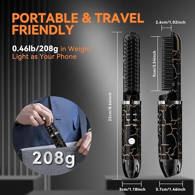 Beard Straightener for Men Cordless Heated Beard Brush Portable Beard Hot Combs Ionic Mini Hair Straightener with 3 Temp Settings Coarse Curly Hair Brush Grooming Kit for Men