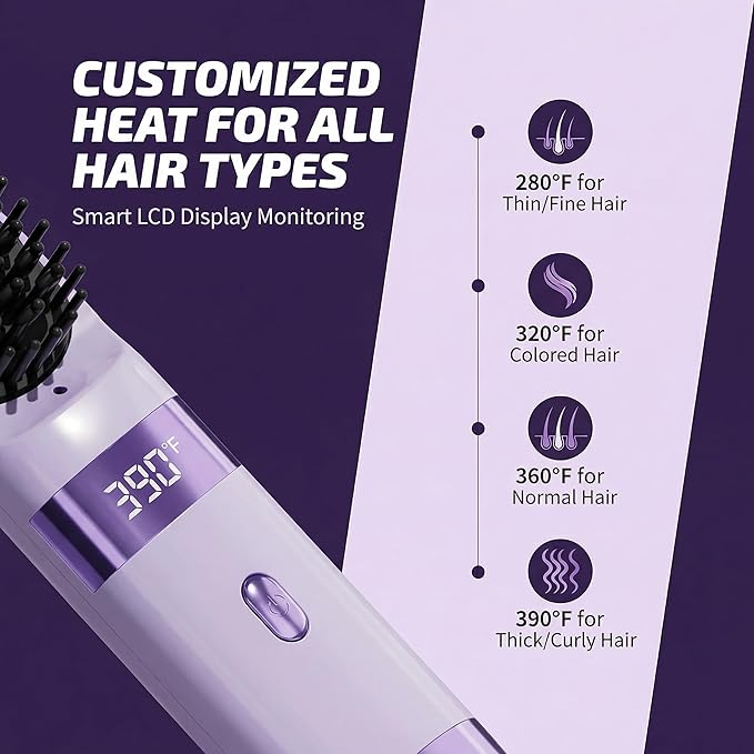 Cordless Hair Straightening Brush Portable USB Rechargeable Travel Straightener Comb with 30s Fast Heat LCD Display Dual Power Sources