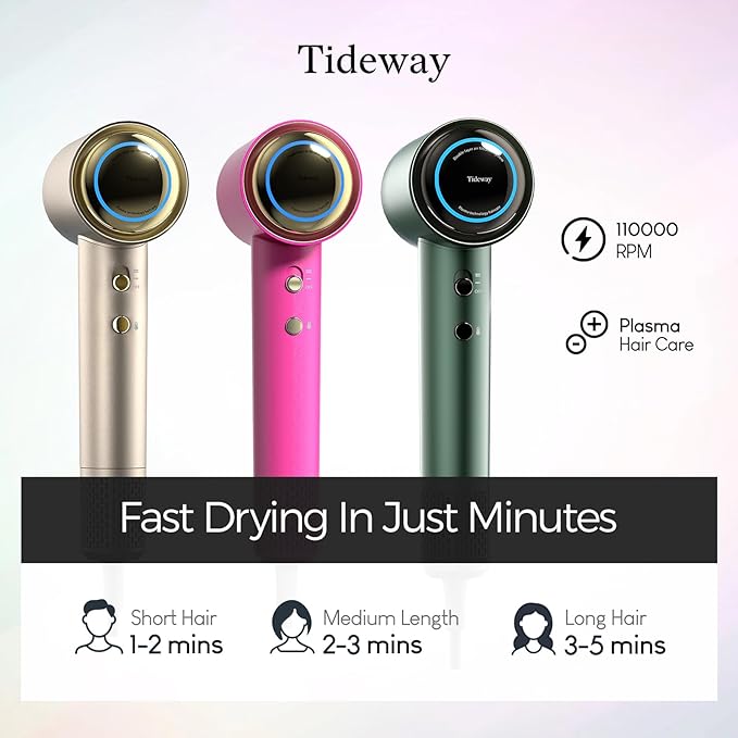 Tideway Hair Dryer Professional High-Speed Ionic Blow Dryer 110000 RPM Compact Hair Dryer with Magnetic Diffuser Fast Drying with Brushless Motor Low Noise Smart Temperature Control-H11