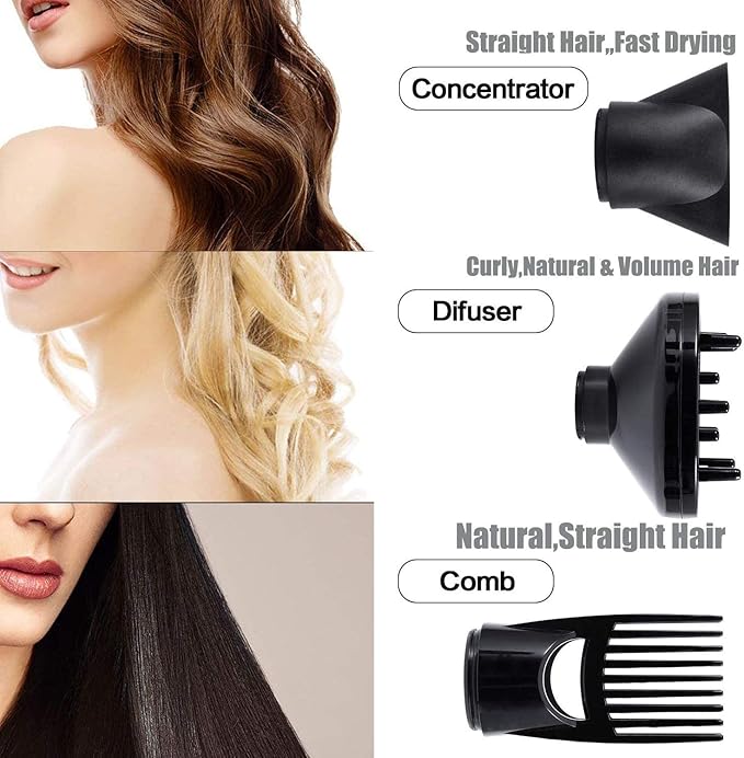 Hair Dryer 1875W Negative Ionic Fast Dry Low Noise Blow Dryer Professional Salon Hair Dryers with Diffuser Concentrator Styling Pik 2 Speed and 3 Heat Settings (Bk)