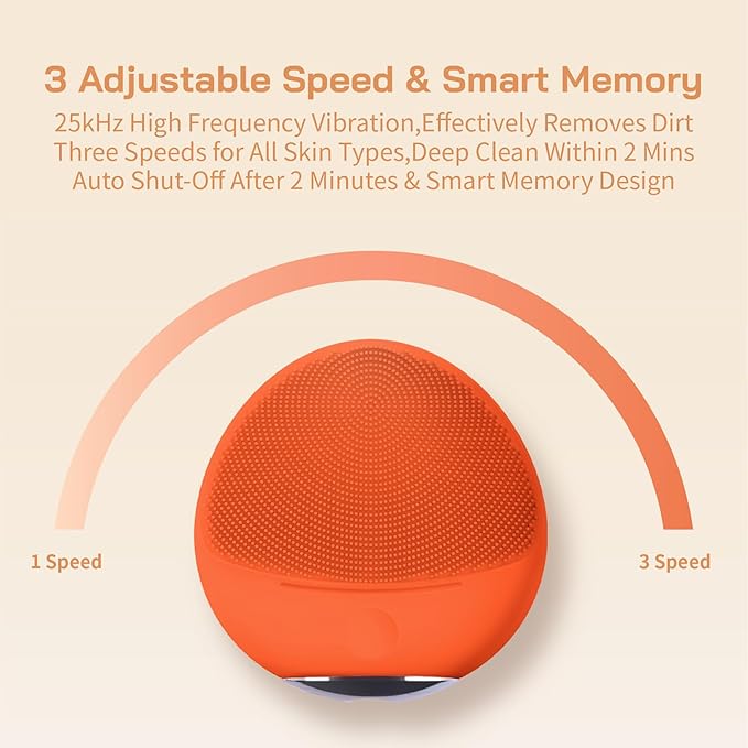 Silicone Face Brush - Electric Face Cleansing Brush and Exfoliator 3-Speed Sonic Vibration IPX7 Waterproof USB Fast Charge Portable with Hook and Cover Perfect Gift for Women/Men (Orange)