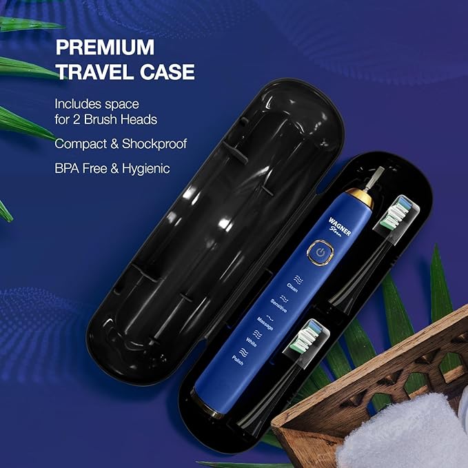 Wagner Stern The Sapphire Blue Edition ultrasonic whitening Electric Toothbrush Features Five Brushing Modes Eight Soft Brush Heads and a Premium Travel case.