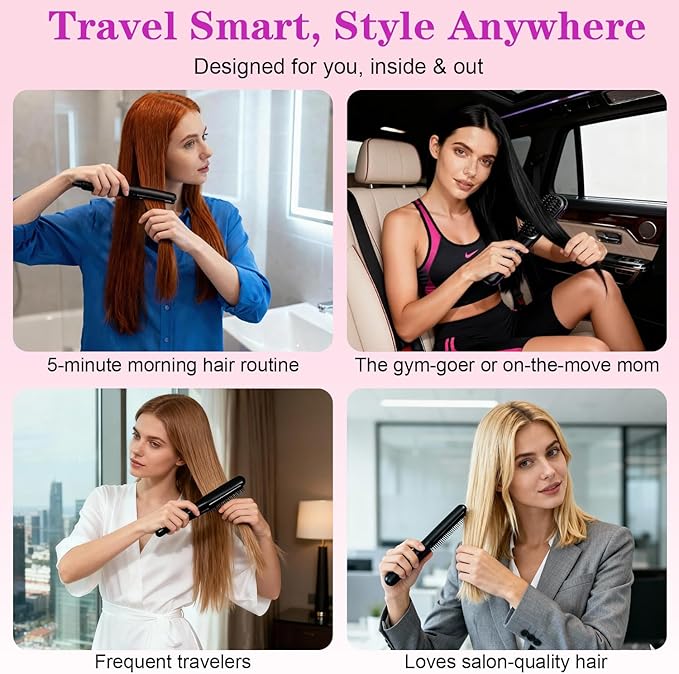 Go Brush Pro Cordless Hair Straightener Brush Portable Straightener Brushs for Travel Fast Heating Cordless Mini Hair Brushs with LED Display 3 Adjustable Temperatures Purple