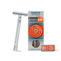 MERKUR 23C Double Edge Safety Razor - Polished Chrome Long Knurled Brass Handle Made in Germany Plastic-Free Three Piece Design Closed Comb Straight Bar