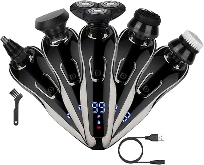 5 in 1 Electric Razor Shaver Rechargeable Cordless Head Beard Trimmer Shaver Kit Ipx6 Waterproof Dry Wet Grooming Kit 3D Rotary Blade