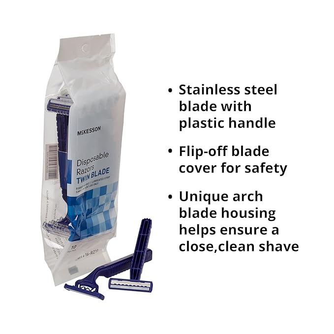 McKesson Disposable Razors Stainless Steel Twin Blade Lubricated Strip Ribbed Handle Blue 10 Count 12 Packs 120 Total