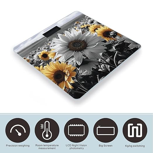 Black and White Sunflowers Scale for Body Weight Accurate Digital Bathroom Scale Toughened Glass High Precision Scales Smart Weight Scales with Large LCD Backlight Display Weighing Machine