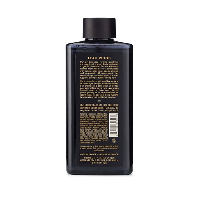 Mistral Men's Body Wash &amp Shampoo Teakwood 13.5 oz | 2-in-1 Natural Shower Gel for Men | SLS Paraben &amp Phthalate Free | Natural Men’s Body Wash Moisturizing Bath Gel - Made in France