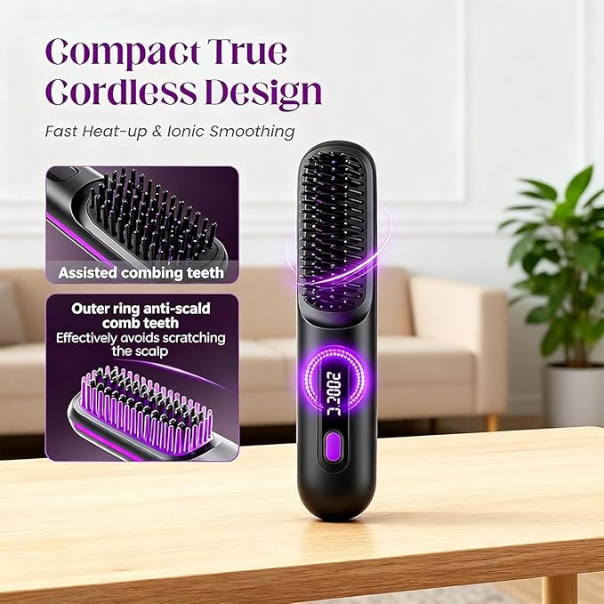 Cordless Portable Hair Straightener Brush Mini Hair Straightener Brush with LCD Temper Ature Display 3 Adjustable Temperatures Rechargeable Heating for Home Travel and Morning Rush (White+Blue)