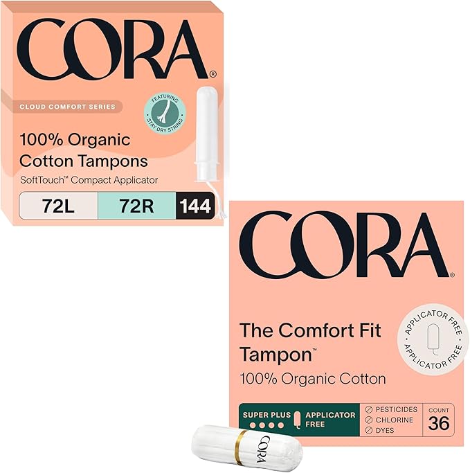 Cora Organic Feminine Care | Applicator and Non-Applicator Tampon Packs | Ultra-Absorbent Unscented Natural Non-Toxic | 180 Total | Bundle Pack