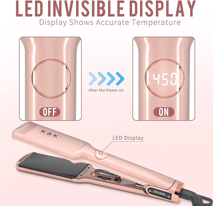 K&ampK 1 3/4 inch Flat Iron Hair Straightener with Electroplate Titanium Adjustable Temp High Heat 450 Degrees 30s Instant Heats up Tourmaline Ionic with PTC Technology Auto Shut Off（Pink