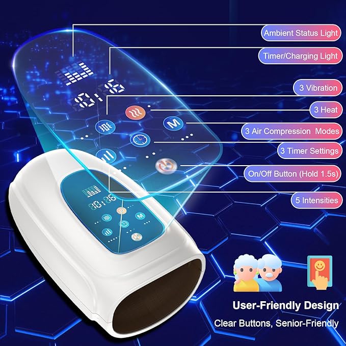 Hand and Wrist Massager with Heat Compression and Vibration 3 Modes 5 Intensities LCD Display for Arthritis and Carpal Tunnel and Palm Massage Cordless Massager for Relaxation (Gray)