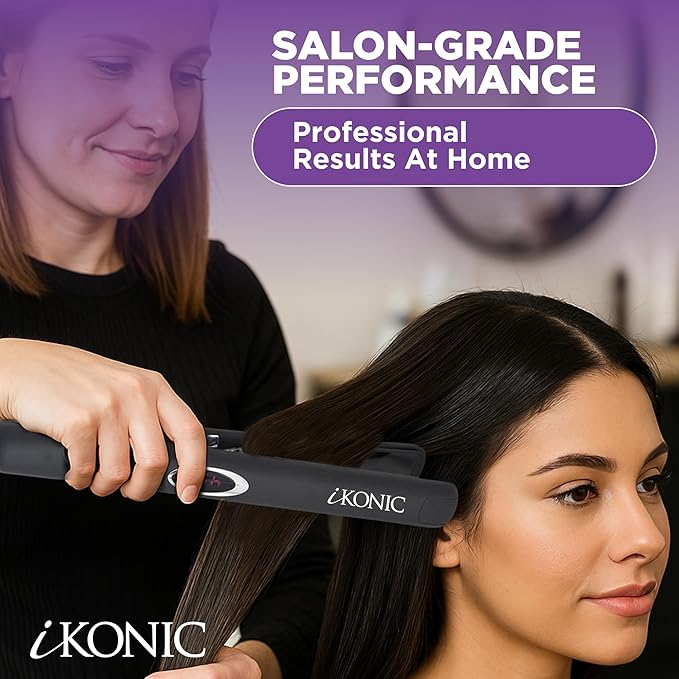 IKonic 100% Tourmaline Ceramic Hair Straightener &amp Curler– Anti-Static Infrared Ionic 2-in-1 Dual Voltage Flat Iron –1” Floating Plates Adjustable Temp 140–450°F Frizz-Free &amp Fast Heat Hair