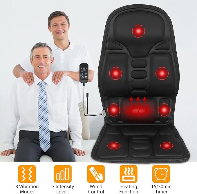 Electric Back Massager Seat Cushion with Heat – Full Back &amp Lumbar Massage Chair Pad 8 Vibration Modes 3 Intensity Levels Portable for Home Office &amp Car Use