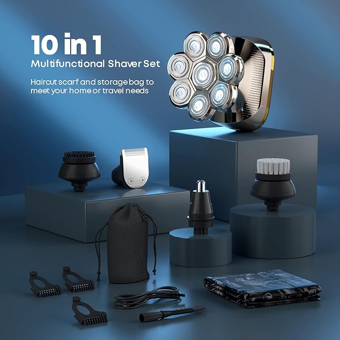 Head Shavers IPX6 Waterproof Rotary Shaver for Bald Men SHPAVVER Upgrade 8D Electric Razor with LED Dispaly 10-in-1 Wet/Dry Use Grooming Kit for Head Shaver Silver