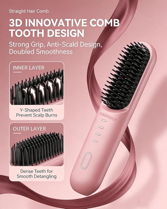 2026 Upgraded Portable Cordless Hair Straightening Brush Fast Heating &amp USB-C Rechargeable Wireless Mini Hair Straightener Styling Brush for Women Short Hair Travel 3 Temperature Settings(Pink)