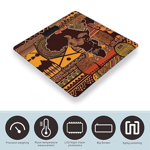 African Map Ethnic Pattern Scale for Body Weight Safe Rounded Corners Tempered Glass Digital Bathroom Scale LED Display 400lb Capacity Weight Scales with High Precision Sensors
