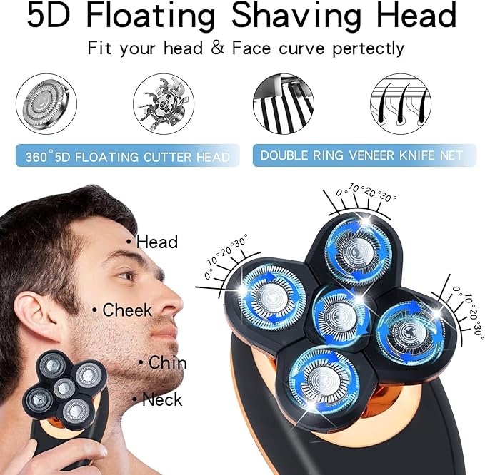 Head Shaver for Men 5 in 1 IPX7 Men's Electric Shaver Portable Beard Trimmer Hair Clipper USB Rechargeable Waterproof LCD Bald Razor