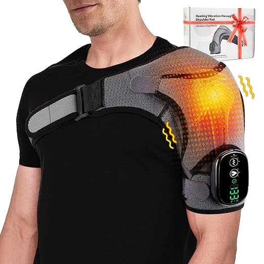Cordless Portable Shoulder Heating Pad &amp Massager Heating Vibration Shoulder Wrap Shoulder Brace for Pain Relief Rotator Cuff Support for Men &amp Women Black&ampGrey