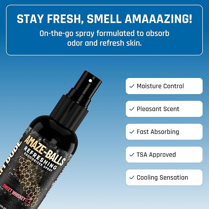 Derm Dude Men's Freshness Bundle | Amaze Ball Deodorant Spray 2oz (Sweet Whiskey Scent) + Holy Foot Cream 4oz (Strawberry Lollipop Scent)| Sweat &amp Odor Control for Groin and Feet | Talc-Free Non-