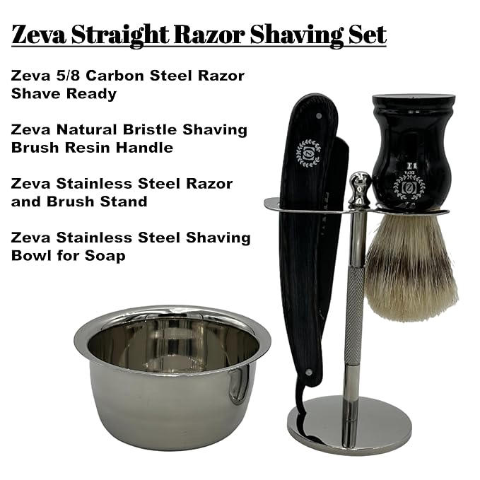 Men Straight Razor Gift Set Classic Gift 5/8 Carbon Steel hollow ground blade with leather honing strop whet and Drip Stand Gold (Blue)