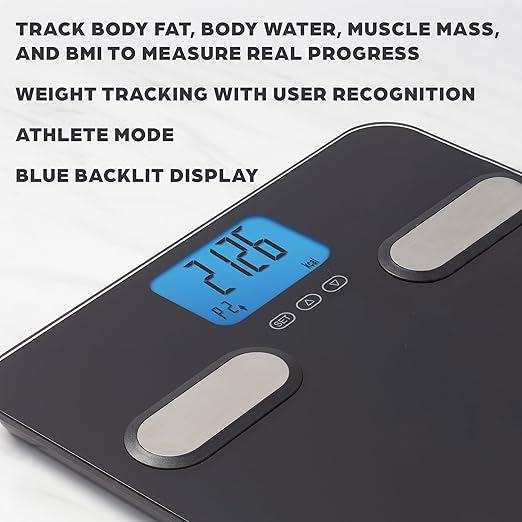 Taylor Men's Body Composition Bathroom Scale for Body Weight - 400 lb Capacity Blue Backlight Display 10-User Profiles Body Composition Analysis Fits Up to Size 12 Shoe Black