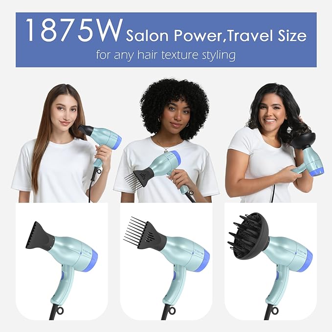 TOME Hair Dryer with Diffuser 1875W Ionic Blow Dryer with Comb Attachment and Concentrator for Home Use Fast Drying with Cool Shot and 2 Heat &amp 2 Speed Settings 125V Blue