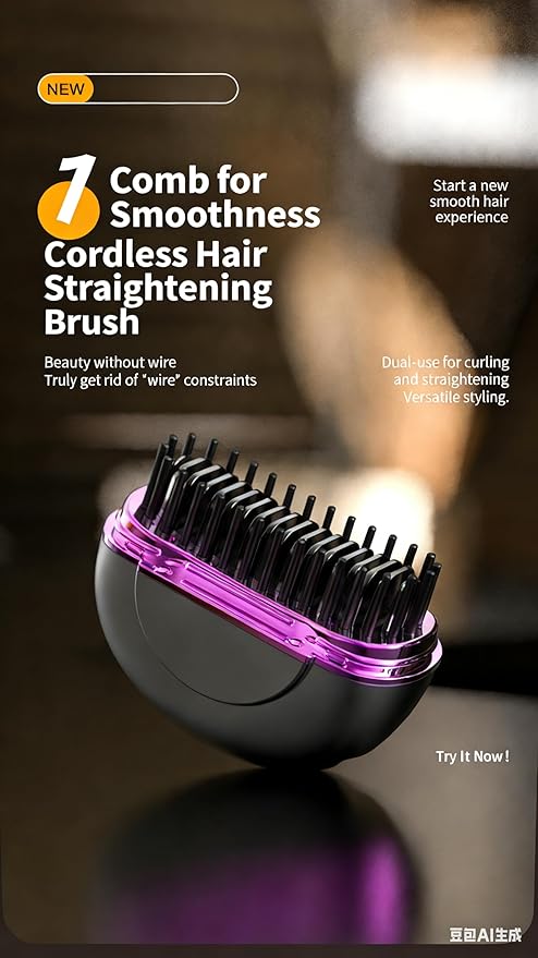 Wireless Hair Straightener Brush Rechargeable Mini Portable 3 Heat Settings Anti-Scald Comb with Plant Protein Coating for Home &amp Travel (Grey)