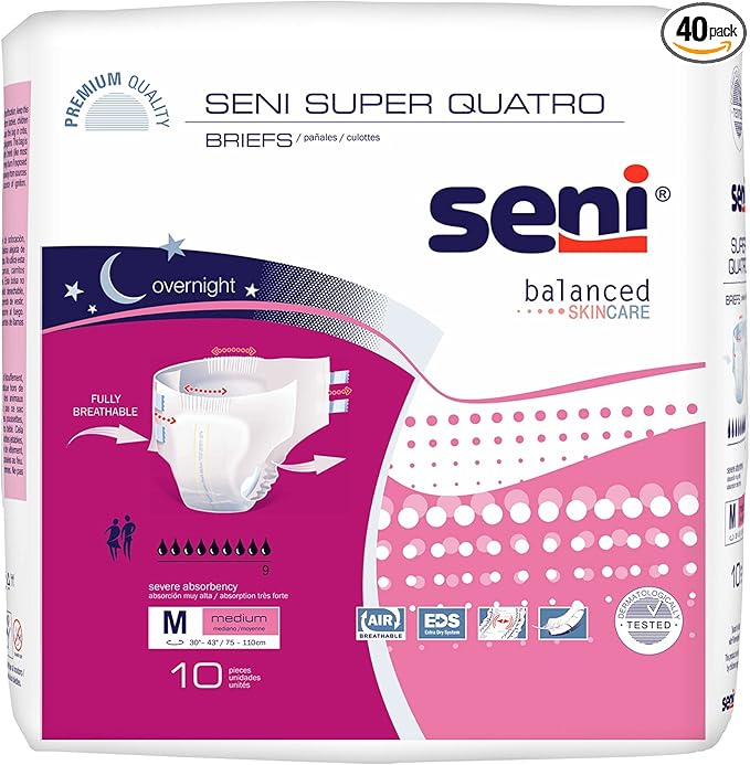 Seni Super Quatro Unisex Adult Incontinence Briefs with Tabs Size Medium (30-43) 40 Count (4 Packs of 10) Severe Absorbency Disposable Overnight Briefs for Men &amp Women