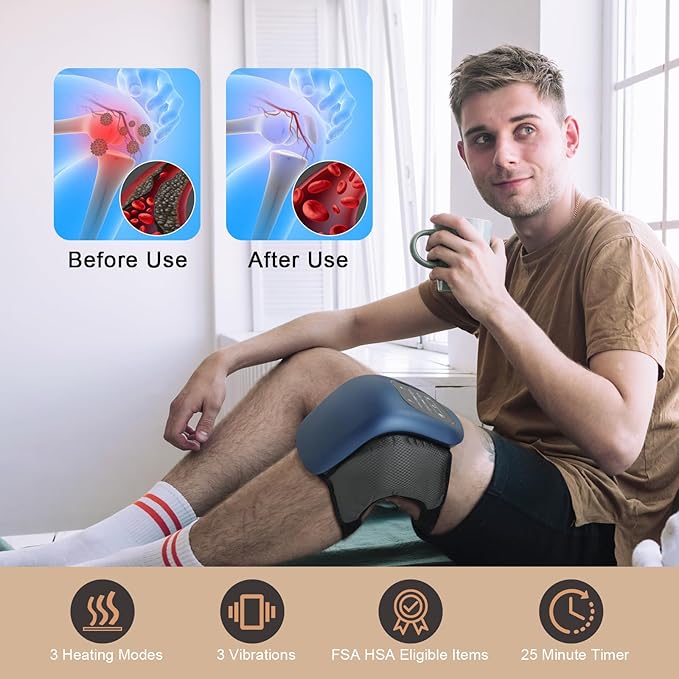 Knee Massager for Pain Relief with LED Screen Vibration Cordless Knee Massager with Heat Adjustable Straps and Timer
