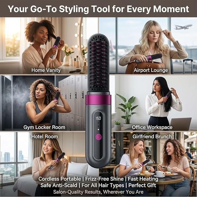 Cordless Hair Straightener Brush Portable Mini Ionic Straightening Comb with LCD Display &amp 3 Temp Settings USB Rechargeable Travel Hair Straightener for Women Anti-Scald &amp Fast Heating (2 D