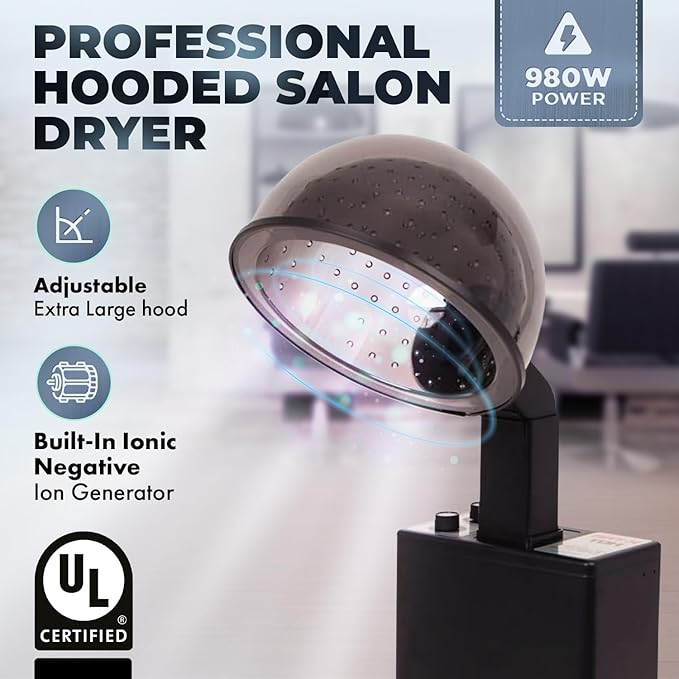 Buy-Rite X-Tra Hot 980 Watt Ionic Conditioning Salon Hair Dryer - Extra Large Hood 4 Heat Settings Adjustable Arm &amp Timer – Professional Bonnet Dryer for Salons &amp Spas - UL/CSA Approved – Bl