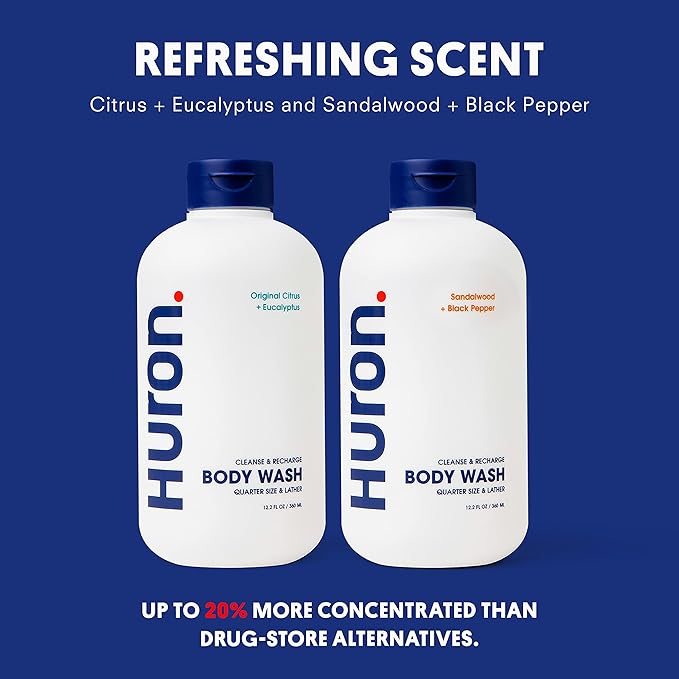 Huron Men’s Moisturizing Body Wash – Crisp &amp Invigorating Scent of Citrus Eucalyptus Mint &amp Aromatic Greens - Made With Coconut Oil Vitamin E &amp Witch Hazel – Vegan Cruelty-Free - 12.2